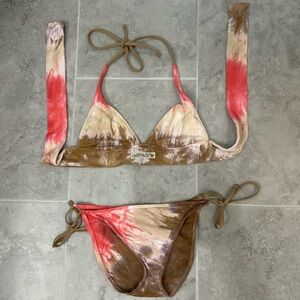 Lucky Brand Tie-Dye Bikini Bottoms in Coral, Brown & Cream | Med top, Sm bottom